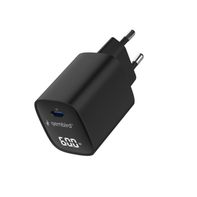 Gembird TA-UC-1C-PD60LCD-01-BK 60W USB Type-C ātrā lādētāja, LCD, melns  |  Gembird