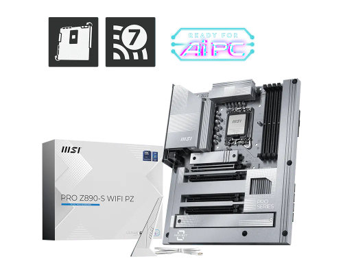 MSI PRO Z890-S WIFI PZ  |  Processor family Intel  |  Processor socket LGA1851  |  DDR5  |  Supported hard disk drive interfaces SATA, M.2  |  Number of SATA connectors 4