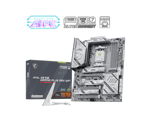 MSI MAG X870E GAMING PLUS MAX WIFI  |  Processor family AMD  |  Processor socket AM5  |  DDR5  |  Supported hard disk drive interfaces SATA, M.2  |  Number of SATA connectors 4