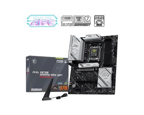 MSI MAG X870E GAMING MAX WIFI  |  Processor family AMD  |  Processor socket AM5  |  DDR5  |  Supported hard disk drive interfaces SATA, M.2  |  Number of SATA connectors 4