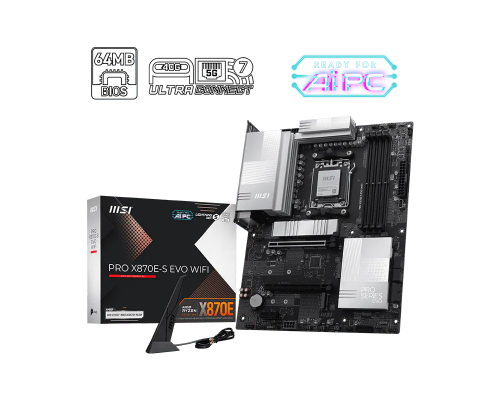 MSI PRO X870E-S EVO WIFI  |  Processor family AMD  |  Processor socket AM5  |  DDR5  |  Supported hard disk drive interfaces SATA, M.2  |  Number of SATA connectors 4