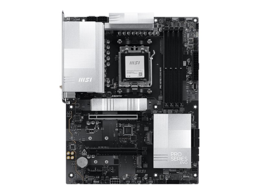 MSI PRO X870E-S EVO WIFI  |  Processor family AMD  |  Processor socket AM5  |  DDR5  |  Supported hard disk drive interfaces SATA, M.2  |  Number of SATA connectors 4