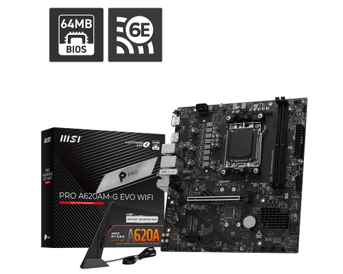 MSI PRO A620AM-G EVO WIFI  |  Processor family AMD  |  Processor socket AM5  |  DDR5  |  Number of SATA connectors 4  |  Supported hard disk drive interfaces SATA, M.2