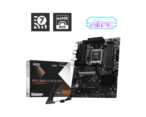 MSI PRO B850-S EVO WIFI  |  Procesora ģimene AMD  |  Procesora ligzda AM5  |  DDR5  |  Atbalstītie cietā diska interfeisi SATA, M.2  |  SATA savienotāju skaits 4