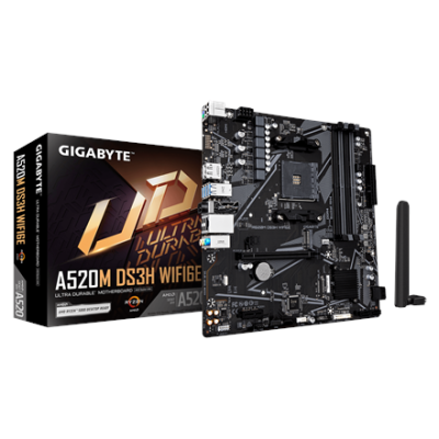 Gigabyte A520M DS3H WIFI6E  |  Семейство процессоров AMD  |  Разъем процессора AM4  |  DDR4  |  Поддерживаемые интерфейсы жесткого диска SATA, M.2  |  Количество разъемов SATA 4