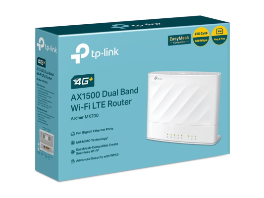 TP-Link Archer MX700 V1 4G+ LTE Router  |  AX1500  |  Wi-Fi 6  |  Dual-Band  |  Gigabit Ethernet  |  4x RJ-45  |  EasyMesh