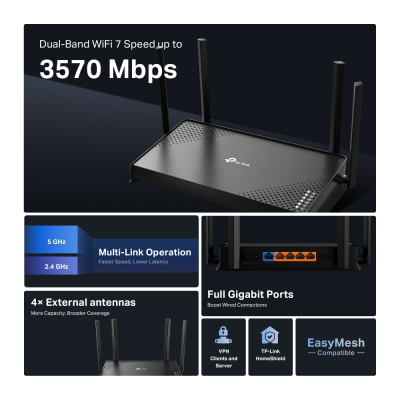 TP-LINK Archer BE220  |  BE3600 Dual-Band Wi-Fi 7 Router  |  802.11be  |  Ethernet LAN (RJ-45) ports 4  |  10 / 100 / 1000 Mbit / s  |  Mesh Support No  |  MU-MiMO No  |  Antenna type External  |  No mobile broadband