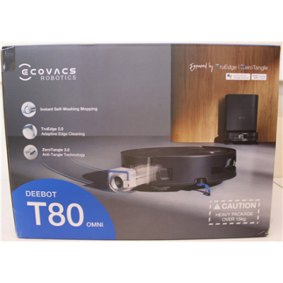 SALE OUT. Ecovacs DEEBOT T80 OMNI Vacuum cleaner, Robot, Wet&Dry, 18000Pa, TruEdge 2.0, ZeroTangle 3.0, Carpet Care, Black + Auto-empty stat  |  Ecovacs Robotic Vacuum Cleaner  |  DEEBOT T80 OMNI  |  Wet&Dry  |  Li-ion  |  6400 mAh  |  Dust capacity 0.22 