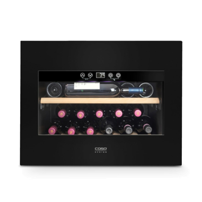 Caso  |  Wine Cooler  |  WineDeluxe E 18  |  Energy efficiency class G  |  Built-in  |  Bottles capacity 18 bottles  |  Cooling type Compressor technology  |  Black