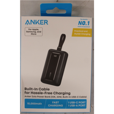 Anker Power Bank with Built-In USB-C Cable  |  A1688H11  |  10000 mAh  |  Black  |  DAMAGED PACKAGING
