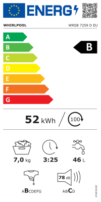 Whirlpool WRSB 7259 D EU Washing machine, B, Front loading, Washing capacity 7 kg, 1151 RPM, Depth 43,5 cm, White