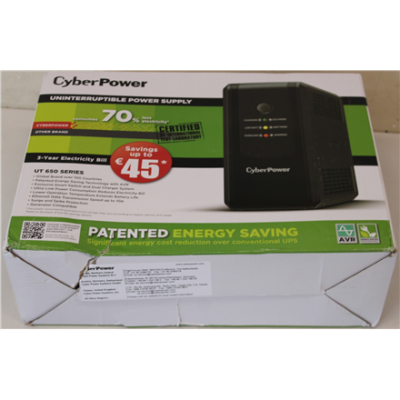 IZPĀRDOŠANA. CyberPower UT650EG Backup UPS sistēmas  |  IZPĀRDOŠANA.  |  CyberPower Backup UPS sistēmas  |  UT650EG  |  650 VA  |  360 W  |  BOJĀTA IEPAKOŠANA