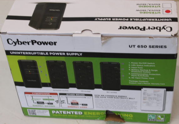IZPĀRDOŠANA. CyberPower UT650EG Backup UPS sistēmas  |  IZPĀRDOŠANA.  |  CyberPower Backup UPS sistēmas  |  UT650EG  |  650 VA  |  360 W  |  BOJĀTA IEPAKOŠANA