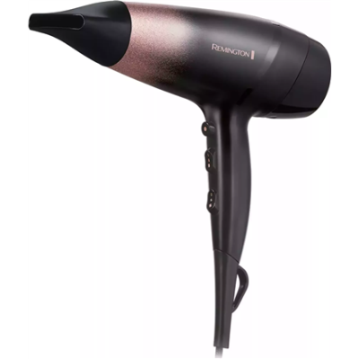Remington matu fēns  |  D5305 rozā spīdums  |  2200 W  |  Temperatūras iestatījumu skaits 3  |  Jonu funkcija  |  Difuzora uzgalis  |  Melns / Rozā