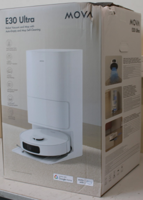 РАСПРОДАЖА. MOVA E30 Ultra Robot Vacuum cleaner, 7000Pa, 5200mAh, White + Auto Empty station  |  MOVA Robot Vacuum  |  E30 Ultra  |  Wet&Dry  |  5200 mAh  |  Dust capacity 3.2 L  |  7000 Pa  |  White  |  DAMAGED PACKAGING  |  36 month(s)