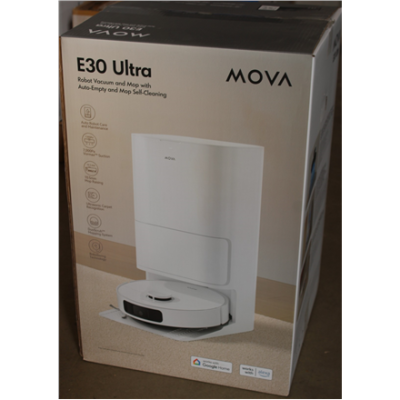 IZPĀRDOŠANA. MOVA E30 Ultra Robot Vacuum cleaner, 7000Pa, 5200mAh, Balts + Automātiskā iztukšošanas stacija  |  MOVA Robot Vacuum  |  E30 Ultra  |  Mitrs&Sauss  |  5200 mAh  |  Putekļu ietilpība 3.2 L  |  7000 Pa  |  Balts  |  BOJĀTA IETILPJA  |  33 mēneš