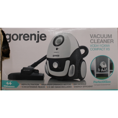 IZPĀRDOŠANA.  |  Gorenje  |  Vacuum cleaner  |  VCEA11CXWII  |  Bagged  |  750 W  |  Operating radius 15 m  |  White  |  Warranty 24 month(s)  |  DAMAGED PACKAGING