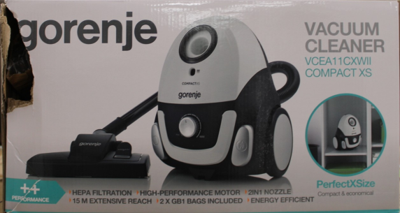 IZPĀRDOŠANA.  |  Gorenje  |  Vacuum cleaner  |  VCEA11CXWII  |  Bagged  |  750 W  |  Operating radius 15 m  |  White  |  Warranty 24 month(s)  |  DAMAGED PACKAGING