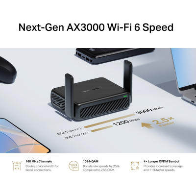 Mercusys AX3000 ceļojumu maršrutētājs  |  MR84X-Travel  |  802.11a  |  574 / 2402 Mbit / s  |  10 / 100 / 1000 Mbit / s  |  Ethernet LAN (RJ-45) porti 1  |  Mesh atbalsts Nē  |  MU-MiMO Nē  |  Bez mobilā platjoslas savienojuma  |  Antenas veids Ārējā Omni