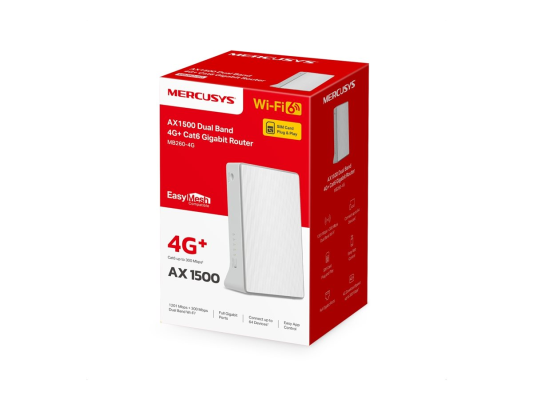Mercusys AX1500 Wireless Dual Band Gigabit Router  |  MB260-4G  |  802.11ax  |  1201 Mbit / s  |  Ethernet LAN (RJ-45) ports 2  |  Mesh Support Yes  |  MU-MiMO No  |  4G  |  Antenna type Internal