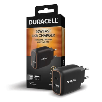 Duracell sienas lādētājs 20W 1x USB-C + 1x USB-A USB , EU kontaktdakša