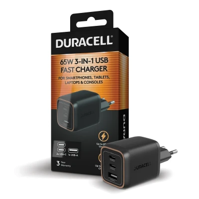 Зарядное устройство Duracell Wall Charger PD 65W GaN 2 x USB-C, 1 x USB-A EU Plug