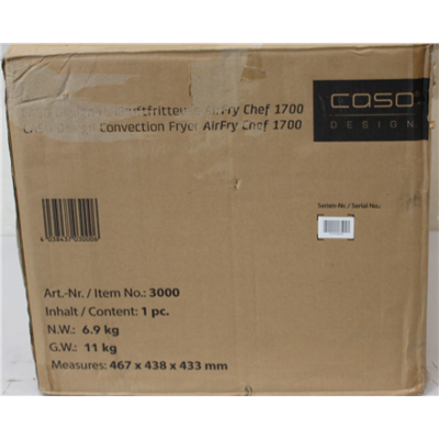 SALE OUT.  |  Caso  |  Air Fryer  |  03000 AirFry Chef 1700  |  Power 1700 W  |  Capacity 22 L  |  Black  |  DAMAGED PACKAGING  |  24 month(s)