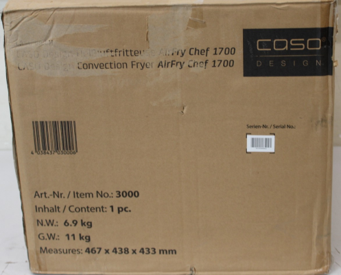 SALE OUT.  |  Caso  |  Air Fryer  |  03000 AirFry Chef 1700  |  Power 1700 W  |  Capacity 22 L  |  Black  |  DAMAGED PACKAGING  |  24 month(s)