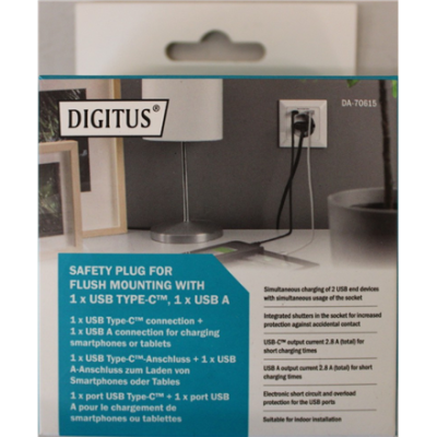 РАСПРОДАЖА. DIGITUS Safety Plug for Flush Mounting with 1 x USB Type-C, 1 x USB A  |  Digitus  |  Safety Plug for Flush Mounting with 1 x USB Type-C, 1 x USB A  |  DEMO  |  Warranty 24 month(s)