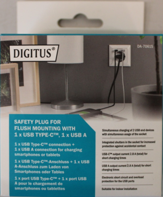 РАСПРОДАЖА. DIGITUS Safety Plug for Flush Mounting with 1 x USB Type-C, 1 x USB A  |  Digitus  |  Safety Plug for Flush Mounting with 1 x USB Type-C, 1 x USB A  |  DEMO  |  Warranty 24 month(s)