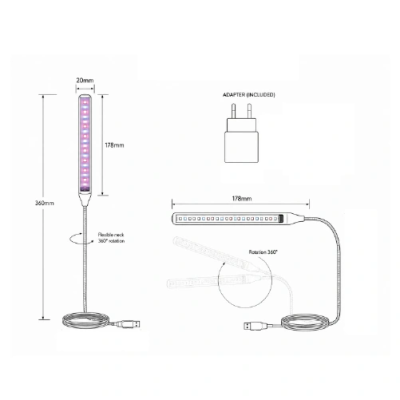LED gaismeklis priekš augiem 9W 20LED 5V VISIONAL
