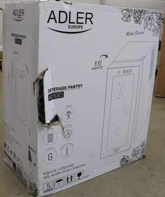 РАСПРОДАЖА. Adler  |  Пантия для напитков  |  AD 8083  |  Класс энергоэффективности G  |  Свободностоящий  |  Вместимость бутылок 12  |  Черный  |  УПАКОВКА С ПОВРЕЖДЕНИЯМИ, ЦАРАПИНА НА ДВЕРЕ И СПРАВА