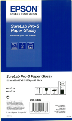 Бумага SureLab Pro-S Glossy BP 6x65 2 рулона  |  C13S450062BP  |  Глянцевая  |  Переменная длина  /  Специальное соотношение камеры, Панорамная  /  Баннер, Квадрат, 10x15 см  /  4x6"  /  4R, 15x20 см  /  6x8"  /  6R, 15x5 см  /  6x2"