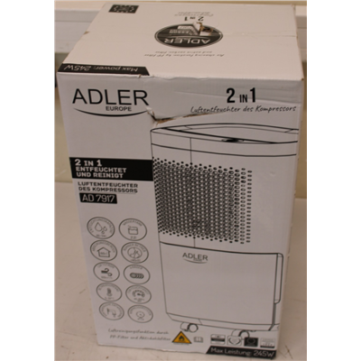 SALE OUT. Adler AD 7917 Air Dehumidifier, 200 W, Free standing, White DAMAGED PACKAGING  |  SALE OUT. Adler  |  Air Dehumidifier  |  AD 7917  |  Power 200 W  |  Suitable for rooms up to 60 m³  |  Water tank capacity 2.2 L  |  White  |  DAMAGED PACKAGING