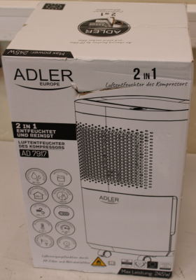 SALE OUT. Adler AD 7917 Air Dehumidifier, 200 W, Free standing, White DAMAGED PACKAGING  |  SALE OUT. Adler  |  Air Dehumidifier  |  AD 7917  |  Power 200 W  |  Suitable for rooms up to 60 m³  |  Water tank capacity 2.2 L  |  White  |  DAMAGED PACKAGING