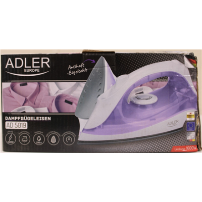 SALE OUT. Adler AD 5019 Steam iron, Temperature control, Power 1600W  |  Adler  |  AD 5019  |  With cord  |  1600 W  |  Water tank capacity 100 ml  |  Continuous steam 10 g / min  |  Violet / White  |  DAMAGED PACKAGING