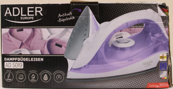 SALE OUT. Adler AD 5019 Steam iron, Temperature control, Power 1600W  |  Adler  |  AD 5019  |  With cord  |  1600 W  |  Water tank capacity 100 ml  |  Continuous steam 10 g / min  |  Violet / White  |  DAMAGED PACKAGING