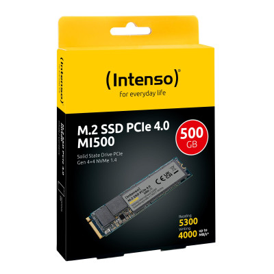 SSD | INTENSO | MI500 | 500GB | M.2 | NVMe | 3D NAND | Write speed 4000 MBytes / sec | Read speed 5300 MBytes / sec | 4mm | TBW 300 TB | MTBF 1500000 hours | 3836450