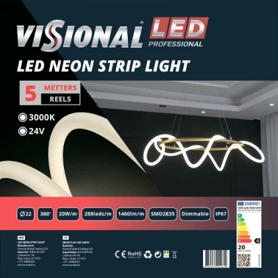 LED neon strip 5m, 3000K, IP67, 24V, 20W/m, NEON FLEX, Professional