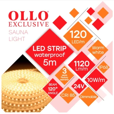 LED strip for sauna 2835, 3000K, IP68, 24V, 10W
