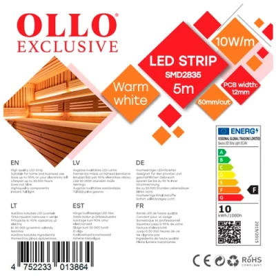 LED strip for sauna 2835, 3000K, IP68, 24V, 10W