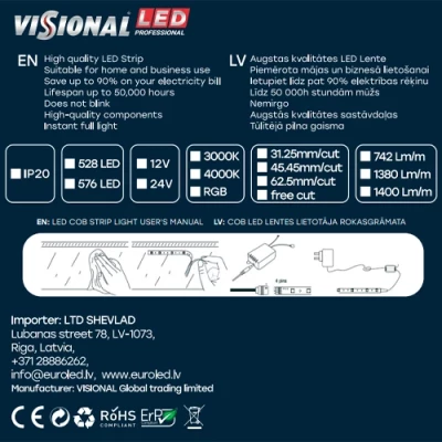 LED Lente COB 3000K, IP20, 24V, 14W, free cut