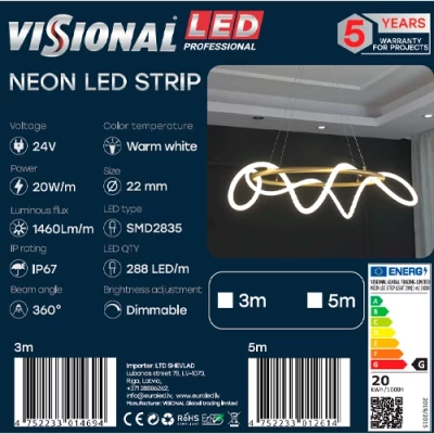 LED neona lente 3m, 3000K, IP67, 24V, 20W/m, NEON FLEX, Professional