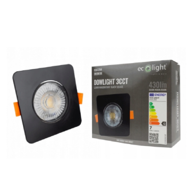 LED iebūvējams gaismeklis 3W , 5W , 7W, 3000K, 4000K, 6500K, 430 lm, 60°, melna, kvadrāta forma