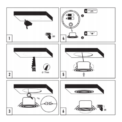 LED iebūvējams gaismeklis 3W , 5W , 7W, 3000K, 4000K, 6500K, 430 lm, 60°, melna, kvadrāta forma