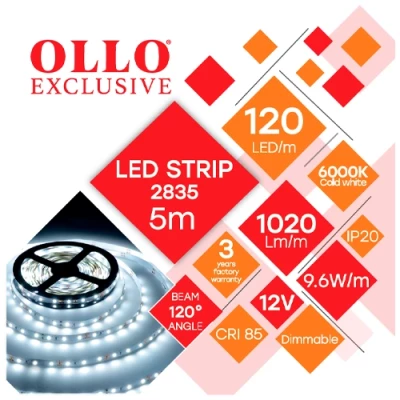 LED лента 5m, 9.6 W/m, 6000K, IP20, 12V, SMD2835