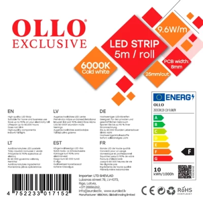 LED лента 5m, 9.6 W/m, 6000K, IP20, 12V, SMD2835