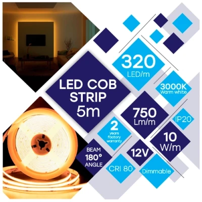 COB LED strip 5m, 10W/m, 3000K, 12V, IP20