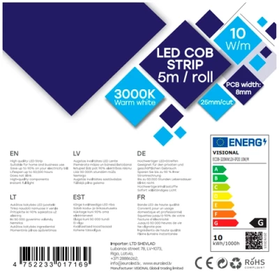 COB LED strip 5m, 10W/m, 3000K, 12V, IP20
