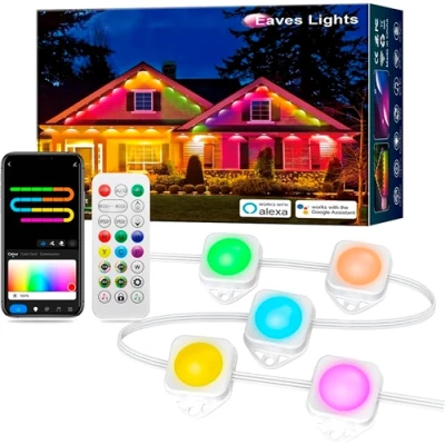 Āra gaismas virtene karnīzes un fasādes apgaismojums, RGBIC, 15m, 30 gaismas, IP67